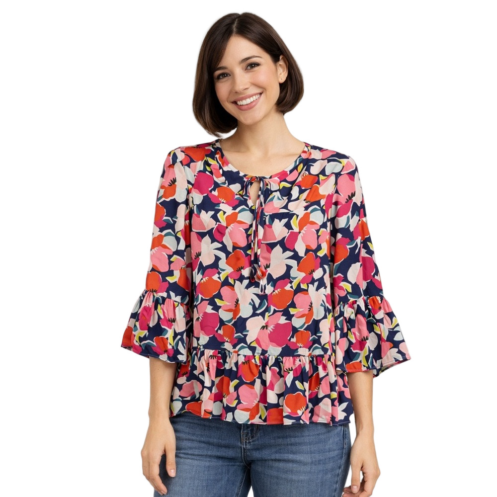 Pappagallo Multicolor Lightweight Floral Blouse with Bell Cuff Sleeves
